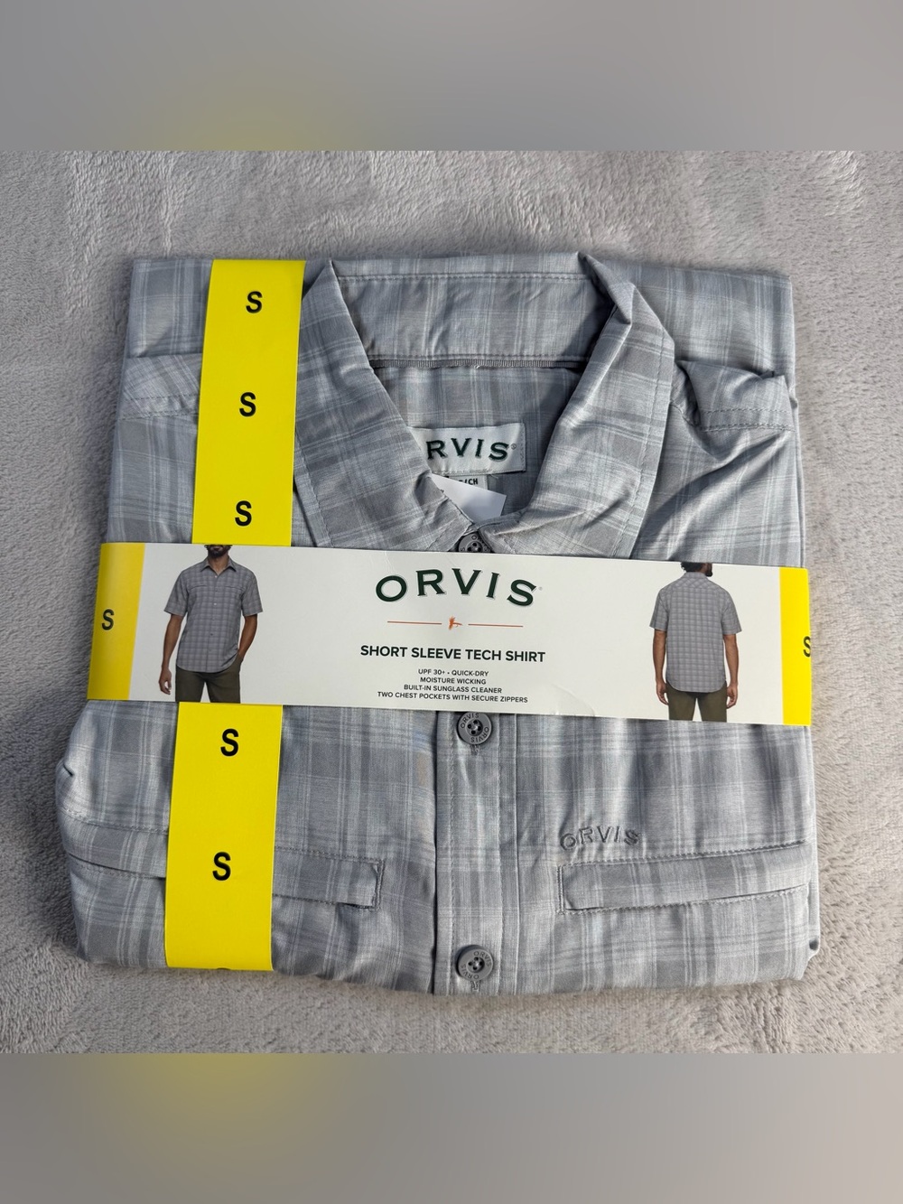 Orvis Mens Short Sleeve Tech Shirt Plaid Quick Dry Gray Small S UPF 30